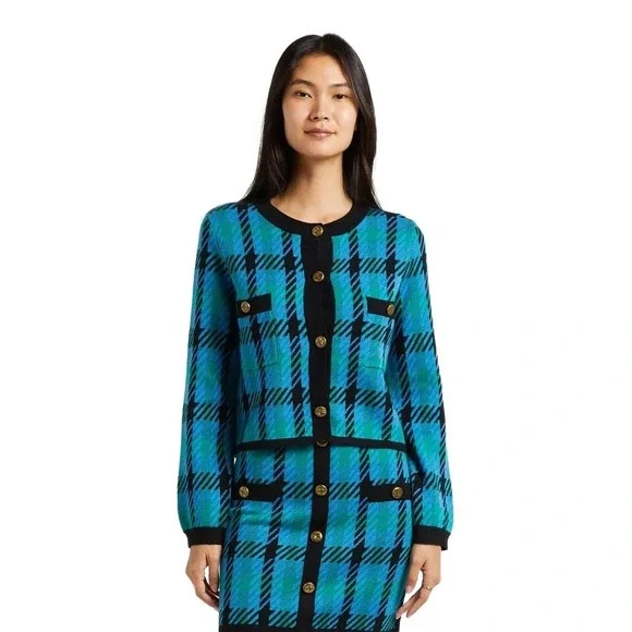 SUNCOO Paris Women's Blue Black Plaid Check Gold Button Gaya Cardigan Jacket T1 - Picture 1 of 12